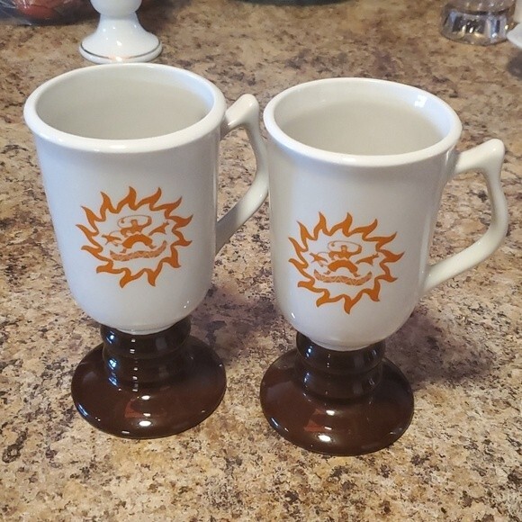 Vtg Hall Irish Coffee Footed Mugs | Loew's Hotels Orange Gaucho Cowboy |SET OF 2 - Picture 1 of 7